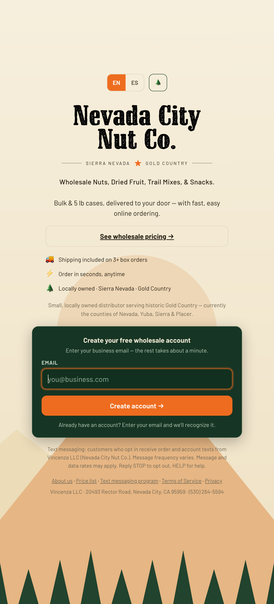 Sign-up screen at nevadacitynut.com/signup: business pitch and an email field to create a wholesale account