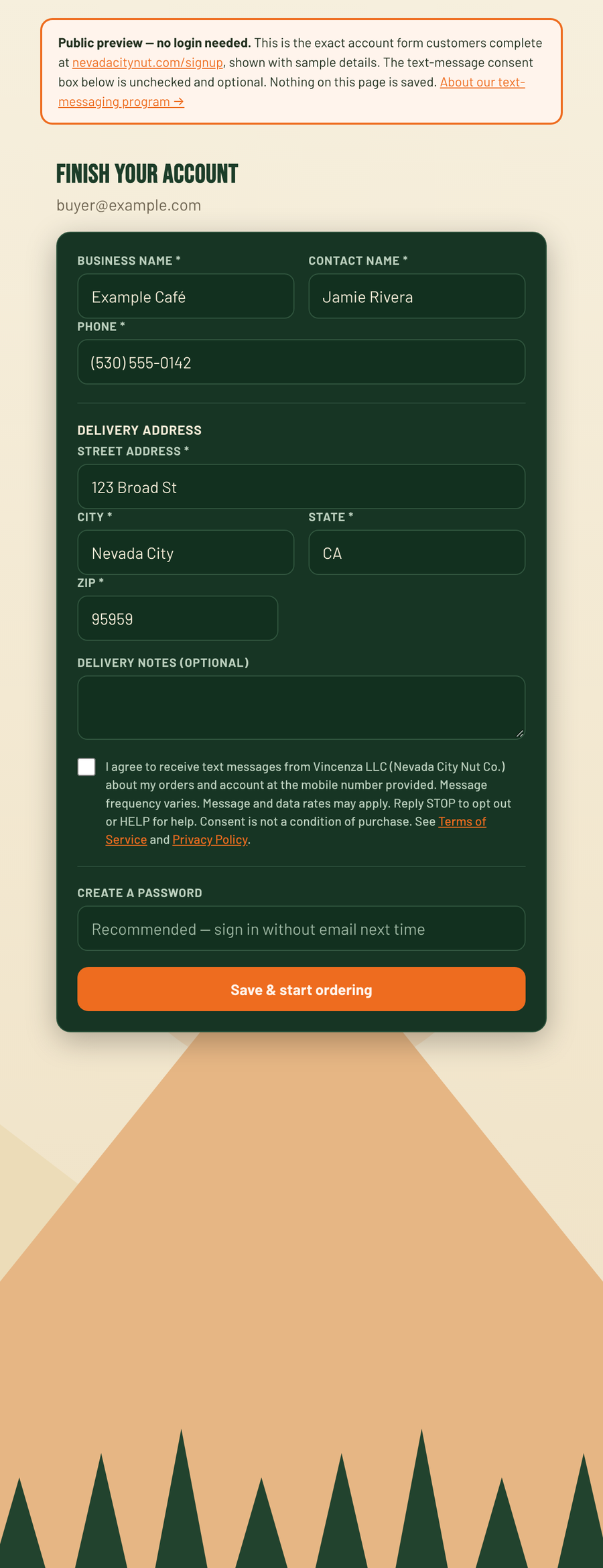 Account form showing business details and the unchecked SMS consent checkbox with full disclosure text