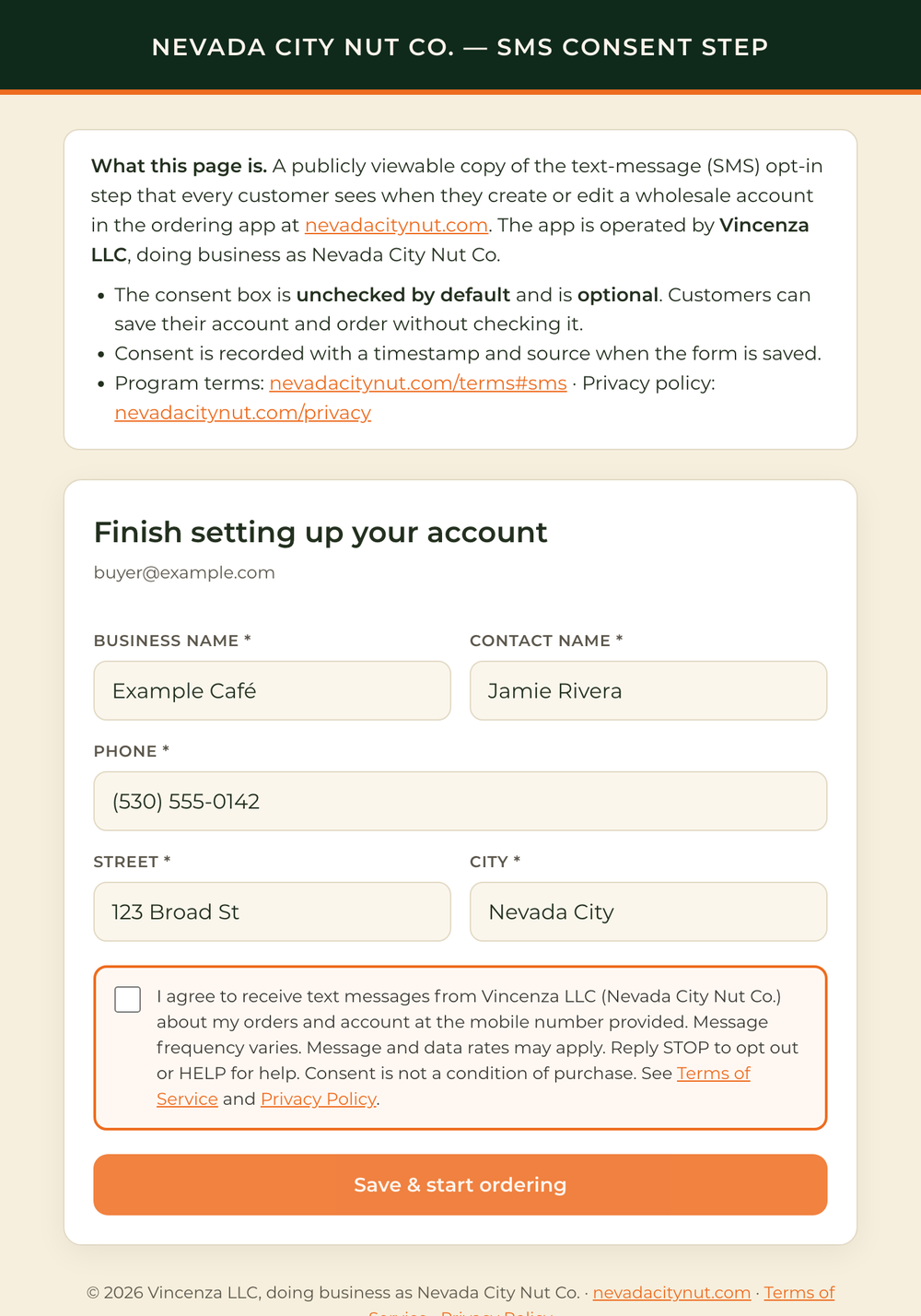 Close-up of the SMS consent checkbox and disclosure